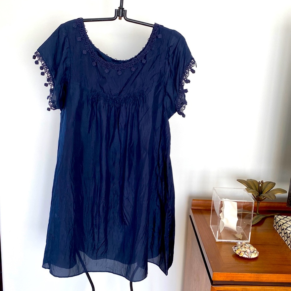 Tree navy blue silk dress with embroidered lace details